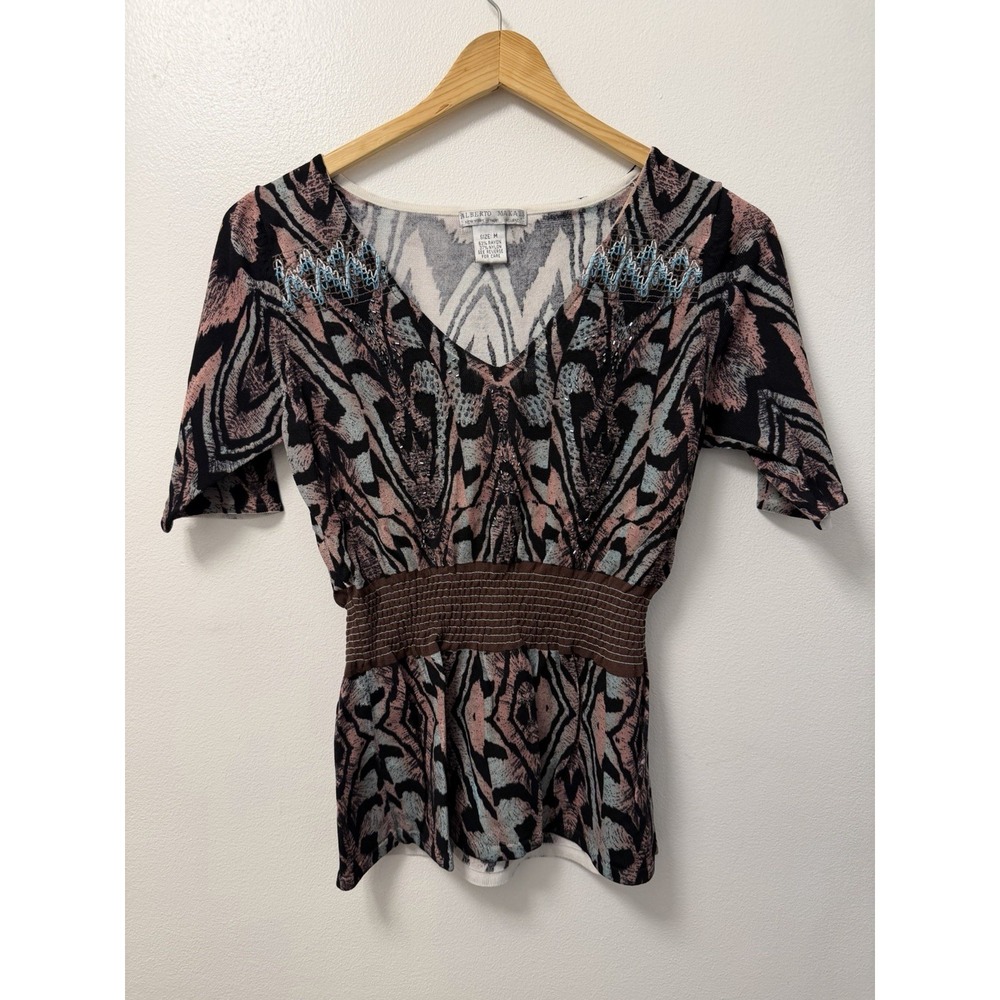 Y2K Alberto Makali Pleated Blouse Abstract Animal Print Ruffle Women's Medium